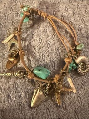 Ocean‎ Beach Nautical Theme Charm Bracelet Leather Turquoise Shell Coastal Chic